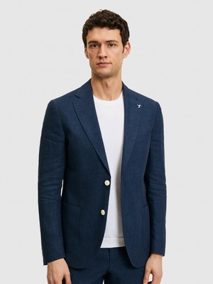Cacharel Erkek Lacivert Slim Fit %100 Keten Mikro Desen Mono Yaka Ceket 50324476-VR033