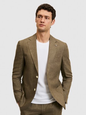 Cacharel Erkek Haki Slim Fit %100 Keten Mikro Desen Mono Yaka Ceket 50324476-VR027