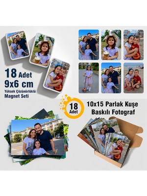 Craft Neova Kişiye Özel 18 Adet Buzdolabı Magneti ve 18 Adet 10X15 Fotoğraf Baskısı - Toplam 36 Parça Standart Anı Paketi - Su Geçirmez Pvc Magnet & Parlak Fotoğraf Baskı