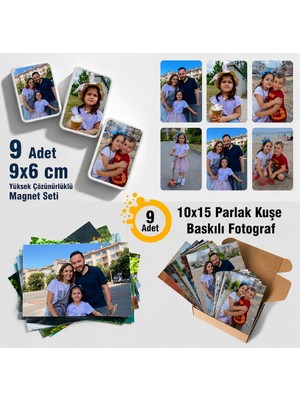Craft Neova Kişiye Özel 9 Adet Buzdolabı Magneti ve 9 Adet 10X15 Fotoğraf Baskısı - Toplam 18 Parça Ekonomik Anı Paketi - Su Geçirmez Pvc Magnet & Parlak Fotoğraf Baskı