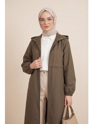 Moda Morfo Boydan Fermuarlı Kapşonlu Uzun Yağmurluk  -Kahve