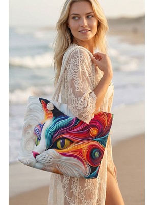 Lederax Rainbow Kedi Desenli Kadın Plaj Çantası LD668
