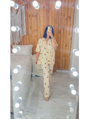 By Gamze Arman Saç Bonesiz Ayıcık Desenli Kısa Kol Geniş Kalıp Hamile Lohusa Pijama Takımı
