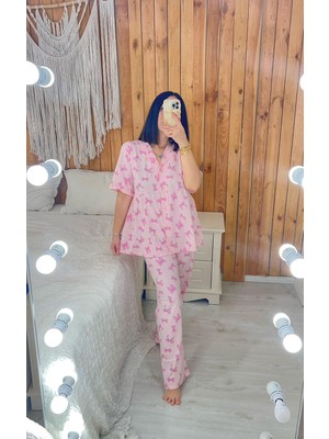 By Gamze Arman Saç Bonesiz Pembe Kurdele Desenli Kısa Kol Geniş Kalıp Hamile Lohusa Pijama Takımı