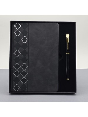 TeknoKapsül Desenli Siyah Deri Defter Kalem Set