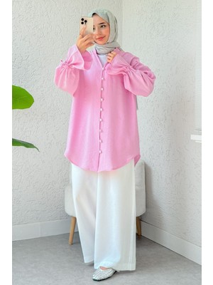 Moda Morfo Kolu Bağcıklı Arkası Uzun Düğmeli Gömlek  -Pembe