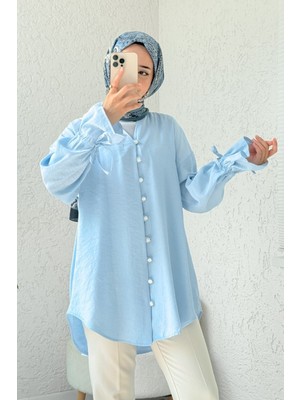 Moda Morfo Kolu Bağcıklı Arkası Uzun Düğmeli Gömlek  -Bebe Mavi