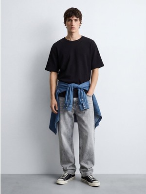 LTB Dokulu Relaxed Fit Siyah T-Shırt