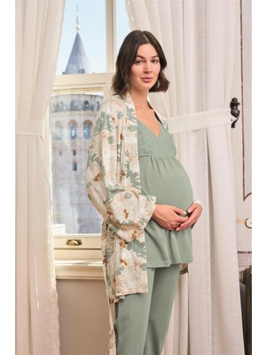 Marsilyan-  Çiçek ve Yaprak Desenli Dantelli Hamile Lohusa 3'lü Pijama Takımı