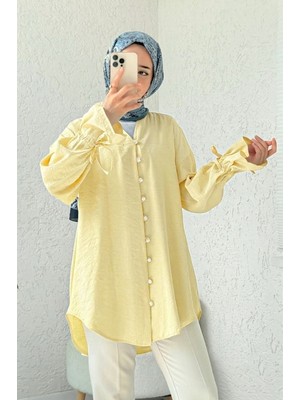 Moda Morfo Kolu Bağcıklı Arkası Uzun Düğmeli Gömlek  -Açık Sarı