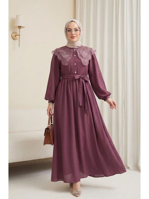 Moda Morfo Organze Bebe Yaka Taş Düğmeli Krinkıl Elbise -Vişne