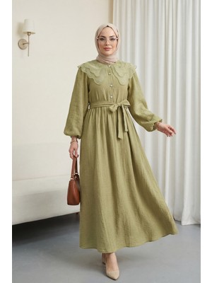 Moda Morfo Organze Bebe Yaka Taş Düğmeli Krinkıl Elbise -Yağ Yeşili