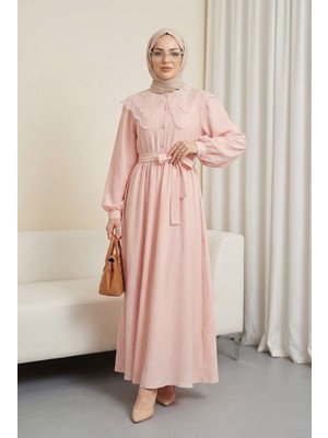 Moda Morfo Organze Bebe Yaka Taş Düğmeli Krinkıl Elbise -Somon