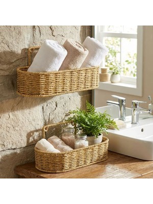Hereveoyuncak 2’li Duvar Askılı Plastik Rattan Organizer – Oval Hasır Görünümlü Mutfak Raf Sepeti, Banyo ve Evv Içi Düzenleme Ünitesi