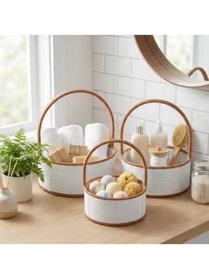 Ozcmax 3 Boy Iç Içe Geçebilen Plastik Rattan Sepetler–beyazz Renkli,kahverengi Saplı, Çok Amaçlı Düzenleyici ve Sunum Sepeti Seti