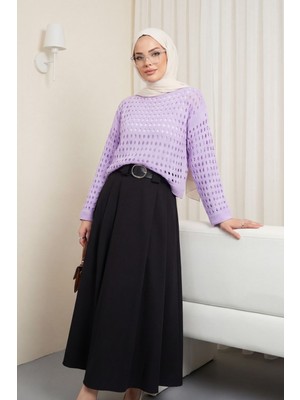 Moda Morfo Kayık Yaka Ajurlu Triko Kazak  -Lila