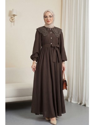 Moda Morfo Organze Bebe Yaka Taş Düğmeli Krinkıl Elbise -K. Kahve