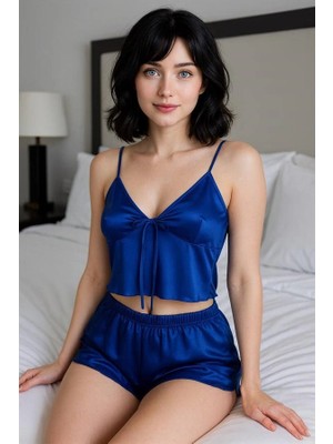 Amora Secret  Ince Askılı Mavi Saten Şortlu Takım