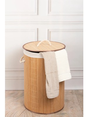 Omilife Doğal Bambu Oval Banyo Çamaşır Sepeti Şık ve Dayanıklı Kirli Çamaşır Düzenleyici