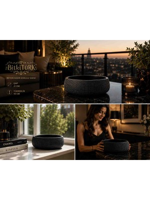 🖤✨ Bitkitürk Beton Hasır Dokulu Saksı | 21 cm Dekoratif Beton Saksı | Modern Siyah Tasarım