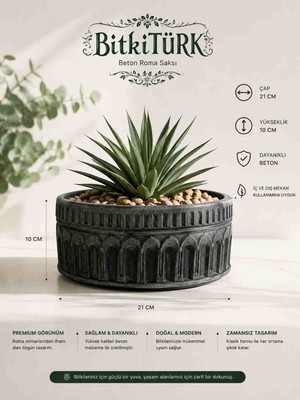 🪴🖤 Bitkitürk Beton Roma Saksı | 21 cm Dekoratif Beton Saksı | Modern ve Dayanıklı Tasarım