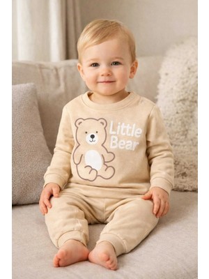 Tenra Unisex Bebek Bej Little Bear Baskılı %100 Pamuk 2’li Üst Alt Takım