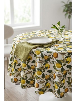 Rona Home Limon Desenli Yuvarlak Masa Örtüsü Leke Tutmaz Dekoratif Şık Yuvarlak Masa Örtüsü