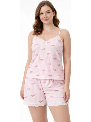 Tenra Kadın Pembe Çizgili Fiyonk Desenli Ip Askılı Şortlu Pijama Takımı Dantel Detaylı
