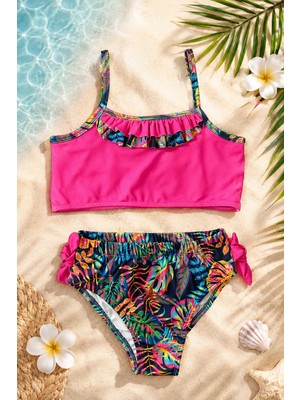 Bilge Trend Fuşya Fırfır ve Fiyonk Detaylı Kız Çocuk , Genç Kız Bikini Takımı