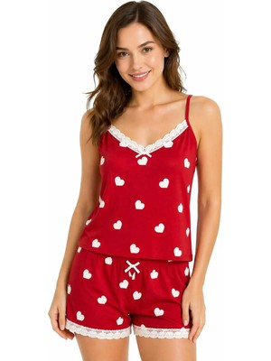 Tenra Kadın Kalp Desenli Şortlu Pijama Takımı Kırmızı Ip Askılı Dantel Detaylı