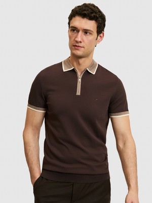 Cacharel Erkek Kahverengi Slim Fit Fermuarlı Polo Yaka Triko T-Shirt 50326034-VR029