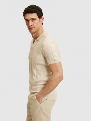 Cacharel Erkek Bej Regular Fit Keten Karışımlı Apaş Yaka Triko T-Shirt 50320670-VR011