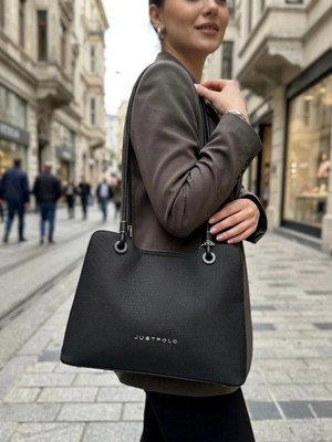 Just Polo Lüks Tasarım Büyük Boy Premium Gümüş Logolu El Çantası ve Cüzdanı Kombin Tote Bag Ebat : 22 x 34 cm