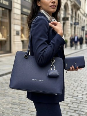 Just Polo Şık Model Büyük Boy Premium Gümüş Logolu El Çantası ve Cüzdanı Kombin Tote Bag Ebat : 22 x 34 cm