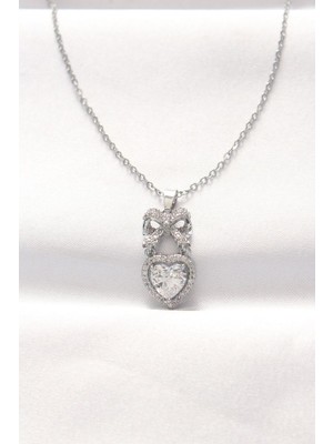Vice Avm 316L Çelik Silver Renk Zirkon Taşlı Kalpli Fiyonk Kolye - TJ-BKO8519 TG-1395 339536