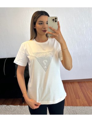 Shine & Style Marka Muadil Üçgen Taş Baskı T-Shirt Beyaz