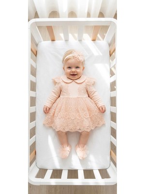 Miniday Baby Kız Bebek Mevlütlük Elbise Bandanalı Dantelli Yenidoğan Hastane Çıkışı Gelinlik Abiye Mevlitlik 4026