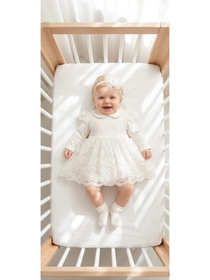 Miniday Baby Kız Bebek Mevlütlük Elbise Bandanalı Dantelli Yenidoğan Hastane Çıkışı Gelinlik Abiye Mevlitlik 4026