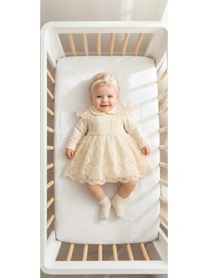 Miniday Baby Kız Bebek Mevlütlük Elbise Bandanalı Dantelli Yenidoğan Hastane Çıkışı Gelinlik Abiye Mevlitlik 4026