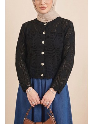 Moda Morfo Yaprak Desenli Ajurlu Triko Hırka -Siyah