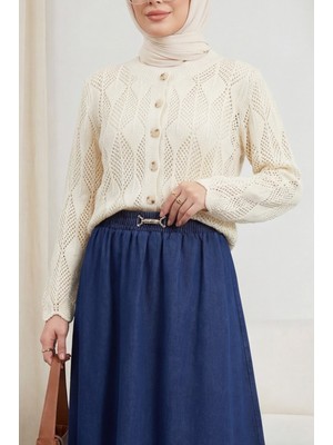 Moda Morfo Yaprak Desenli Ajurlu Triko Hırka -Krem