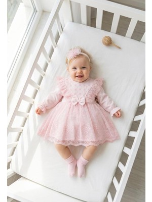 Miniday Baby Kız Bebek Mevlütlük Elbise Bandanalı Dantelli Yenidoğan Hastane Çıkışı Gelinlik Abiye Mevlitlik 4027