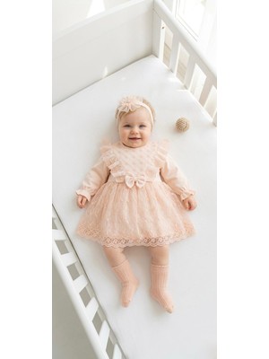 Miniday Baby Kız Bebek Mevlütlük Elbise Bandanalı Dantelli Yenidoğan Hastane Çıkışı Gelinlik Abiye Mevlitlik 4027
