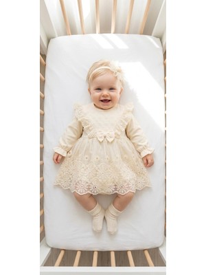 Miniday Baby Kız Bebek Mevlütlük Elbise Bandanalı Dantelli Yenidoğan Hastane Çıkışı Gelinlik Abiye Mevlitlik 4027
