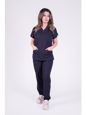 Stilmed Üniforma Lacivert Hemşire ve Doktor Forması Scrubs Takımı Likralı Alt Üst Üniforma Unisex Yarasa Kol