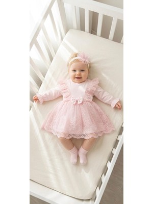 Miniday Baby Kız Bebek Mevlütlük Elbise Bandanalı Dantelli Yenidoğan Hastane Çıkışı Gelinlik Abiye Mevlitlik 4028