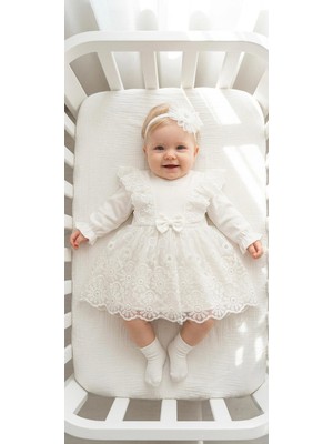 Miniday Baby Kız Bebek Mevlütlük Elbise Bandanalı Dantelli Yenidoğan Hastane Çıkışı Gelinlik Abiye Mevlitlik 4028