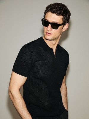 Cacharel Erkek Siyah Slim Fit Fermuarlı Polo Yaka Triko T-Shirt 50326102-VR046