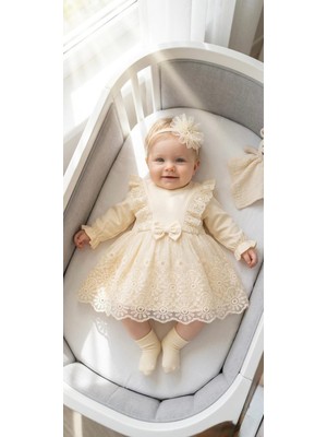Miniday Baby Kız Bebek Mevlütlük Elbise Bandanalı Dantelli Yenidoğan Hastane Çıkışı Gelinlik Abiye Mevlitlik 4028