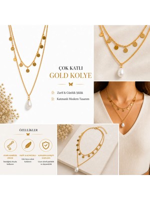 Bitangosu Çok Katlı Gold Kolye Incili Kadın Kolye Ayarlanabilir Zincirli Minimal Şık Tasarım